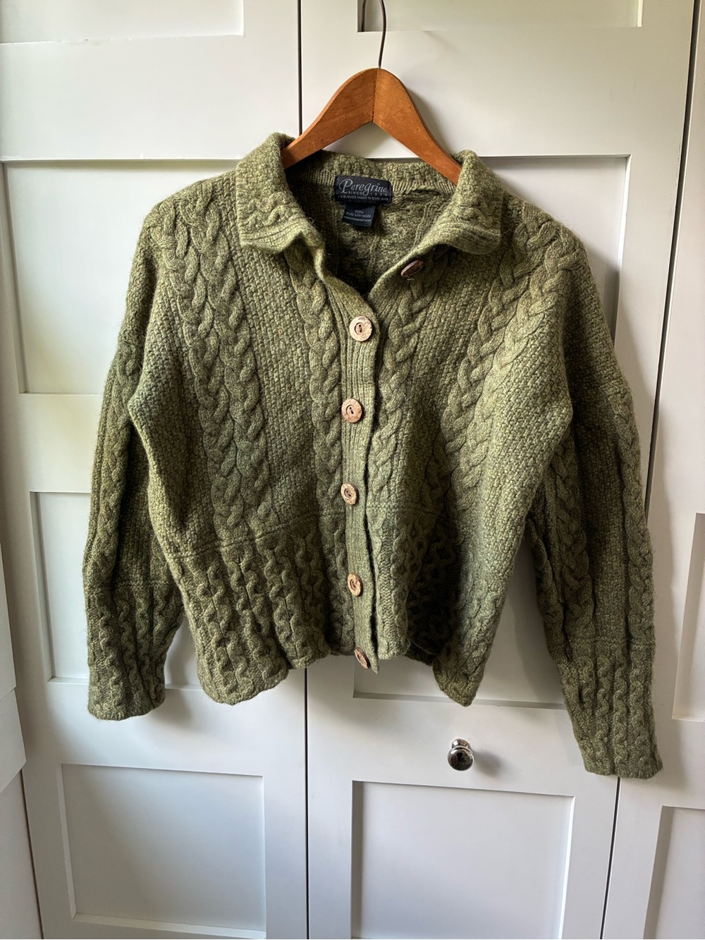 Pure  New Wool Olive Green Cable Knit Button-Front Sweater